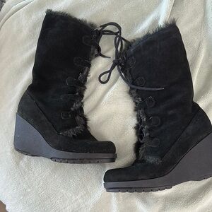 Black Lace Up Mid-Calf Boots with Fur Trim Size 9
